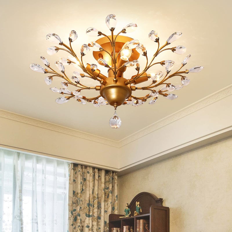 Garwarm 4-Light Vintage Crystal Chandeliers Ceiling Lights Crystal Pendant Lighting Ceiling Light Fixtures Chandeliers Lighting for Living Room Bedroom Restaurant Porch Chandelier(Golden) - Image 2