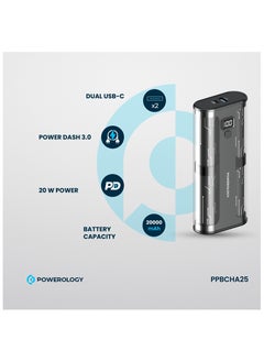 باورولوجي بنك طاقة كريستالين سيريز 20000 مللي أمبير/ساعة PD 20 وات / منفذ USB-C مزدوج / شاشة رقمية / Power Dash 3.0 / تصميم حاصل على براءة اختراع - شفاف/رمادي  - Image 2