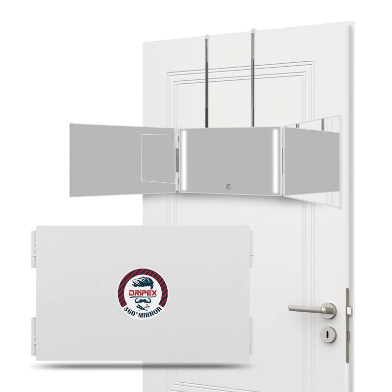 Dripex 3 Way Mirror with Led Lights for Men or Women 360 Trifold Self Haircut Mirror with Height Adjustable Hooks for Makeup Styling Shaving Braiding Dye Hair White with Led