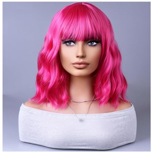 BERON Pink Women Wig Short Curly Wigs for Girls with Bangs Hot Pink Wavy Hair Wigs Colored Bob Shoulder Length Wig for Womens Girls Cosplay or Daily Use - Image 1