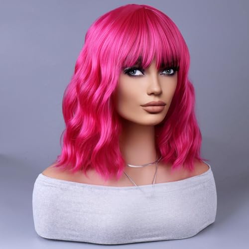 BERON Pink Women Wig Short Curly Wigs for Girls with Bangs Hot Pink Wavy Hair Wigs Colored Bob Shoulder Length Wig for Womens Girls Cosplay or Daily Use - Image 3
