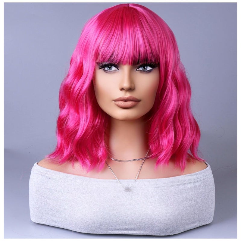 BERON Pink Women Wig Short Curly Wigs for Girls with Bangs Hot Pink Wavy Hair Wigs Colored Bob Shoulder Length Wig for Womens Girls Cosplay or Daily Use - Image 2