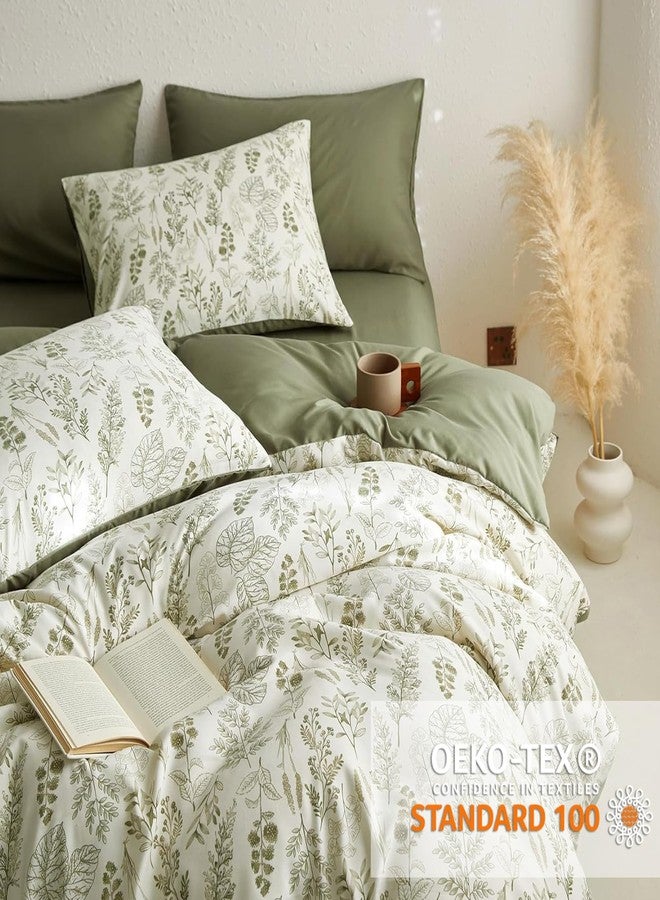 Bildenly Floral Duvet Cover Set King Size Reversible Olive Green Botanical Flower Bedding Set 3 Pieces Vintage Flower Aesthetic Soft Lightweight Comforter Cover Set for Women Girls with 2 Pillowcases - Image 3