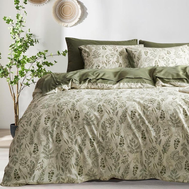 Bildenly Floral Duvet Cover Set King Size Reversible Olive Green Botanical Flower Bedding Set 3 Pieces Vintage Flower Aesthetic Soft Lightweight Comforter Cover Set for Women Girls with 2 Pillowcases - Image 1