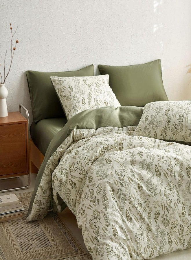 Bildenly Floral Duvet Cover Set King Size Reversible Olive Green Botanical Flower Bedding Set 3 Pieces Vintage Flower Aesthetic Soft Lightweight Comforter Cover Set for Women Girls with 2 Pillowcases - Image 2
