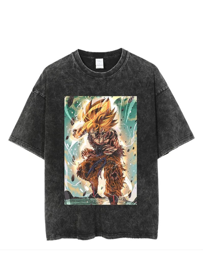 Washed retro T-shirt street hip hop anime Dragon Ball casual cotton summer short sleeves