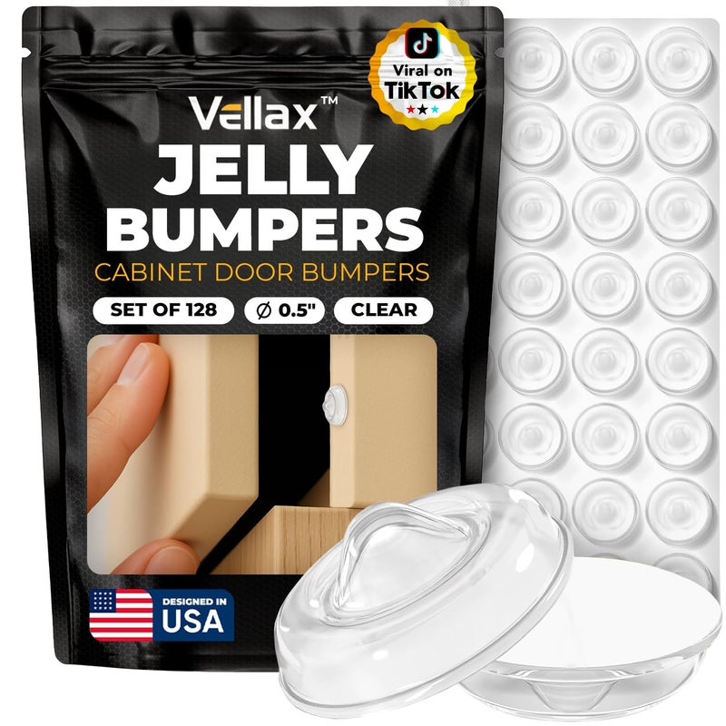 Vellax 128 Clear Silicone Bumper Pads â€“ Self-Adhesive Sound Dampening Stops with Jelly Button Shape Design for Cabinet Doors, Drawers, Cupboards, Glass Surfaces, Picture Frames â€“ Vellax - Image 1