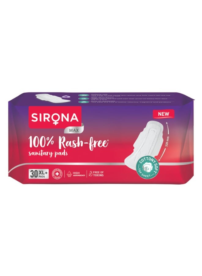 سيرونا فوط Sirona Max الصحية للنساء | مقاس XL Plus (عبوة تحتوي على 30 فوطة) | حماية تامة من الطفح الجلدي وخالية من المواد السامة | فوط قطنية عضوية | حماية كاملة من التسرب، مريحة وعالية الامتصاص - Image 1