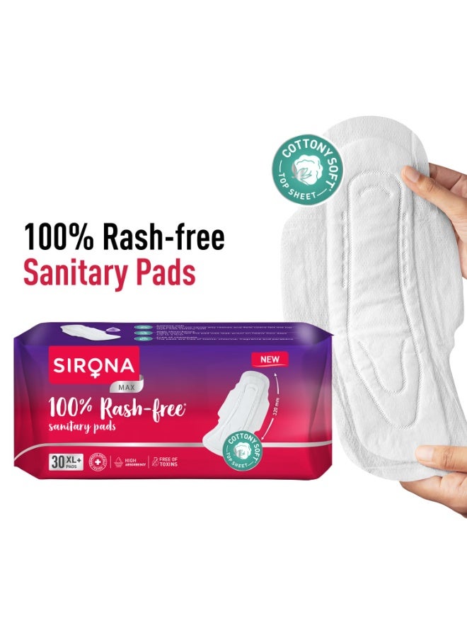 سيرونا فوط Sirona Max الصحية للنساء | مقاس XL Plus (عبوة تحتوي على 30 فوطة) | حماية تامة من الطفح الجلدي وخالية من المواد السامة | فوط قطنية عضوية | حماية كاملة من التسرب، مريحة وعالية الامتصاص - Image 4