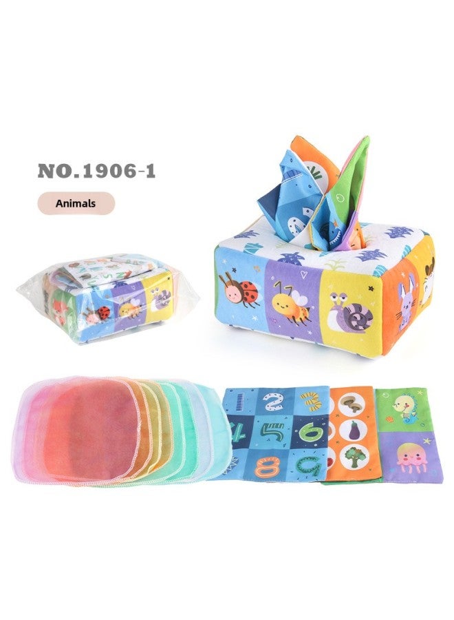 Hot Sale Baby Tissue Box With Pompom Puzzle Baby Cloth Book With Ringing Paper Hand Tear Baby Toys-Color:NO.1906-1 Animal Models (3 Ringing Paper Square Scarves +8 Silk Scarves) 78.6G  - Image 1