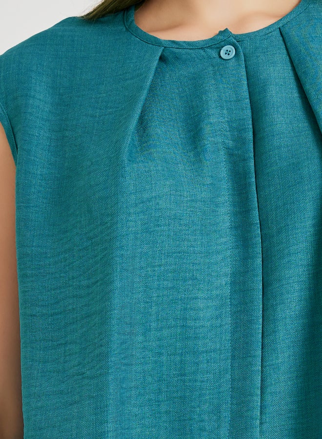 تايك تو بلوزة ستايلي سادة بكسرات بياقة مستديرة بدون أكمام - Image 3