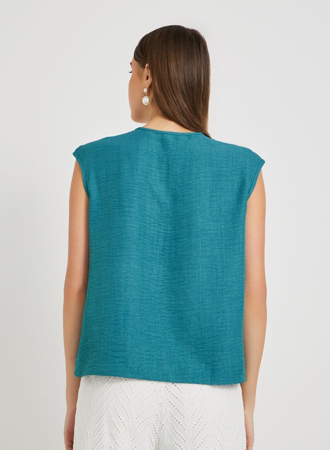 تايك تو بلوزة ستايلي سادة بكسرات بياقة مستديرة بدون أكمام - Image 4