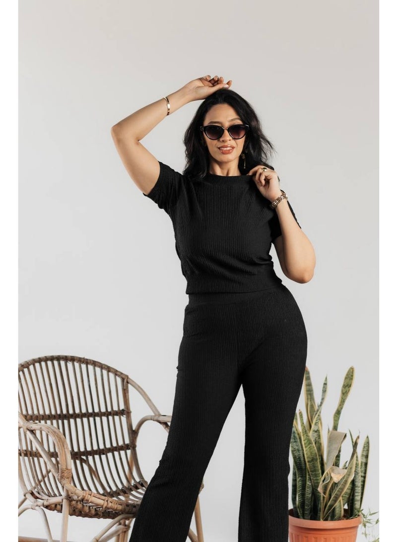 نونا فاشون طقم قطعتين للنساء تيشيرت قصير كاجوال وبنطال فضفاض بتصميم رياضي متميز لون اسود خامه كوريشه ليكرا مستورد - Image 1