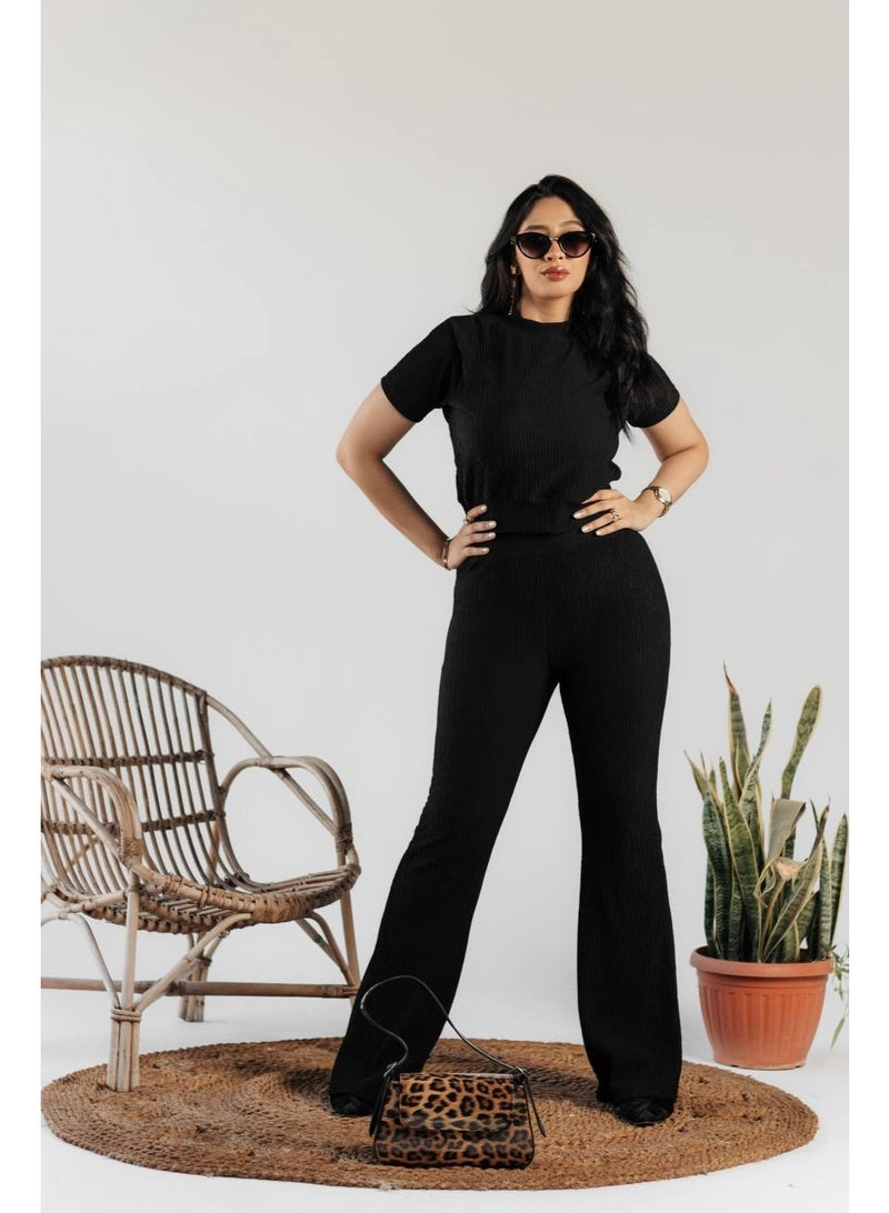 نونا فاشون طقم قطعتين للنساء تيشيرت قصير كاجوال وبنطال فضفاض بتصميم رياضي متميز لون اسود خامه كوريشه ليكرا مستورد - Image 2