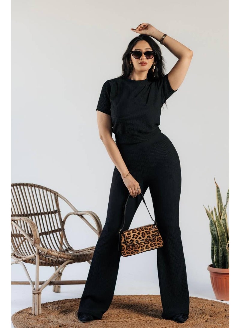 نونا فاشون طقم قطعتين للنساء تيشيرت قصير كاجوال وبنطال فضفاض بتصميم رياضي متميز لون اسود خامه كوريشه ليكرا مستورد - Image 3