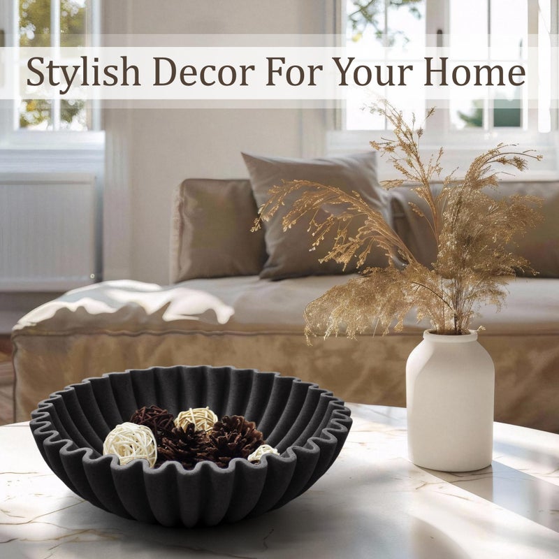 LIN CHUAN Ruffle Decorative Bowl, Large Fruit Bowl for Kitchen Counter, Stylish Key Bowl for Entry Table, Handcrafted Home Decor Display bowl, Artificial Stone Black - Image 4
