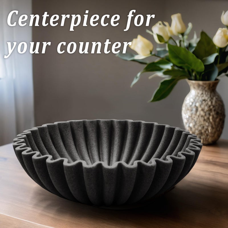 LIN CHUAN Ruffle Decorative Bowl, Large Fruit Bowl for Kitchen Counter, Stylish Key Bowl for Entry Table, Handcrafted Home Decor Display bowl, Artificial Stone Black - Image 3
