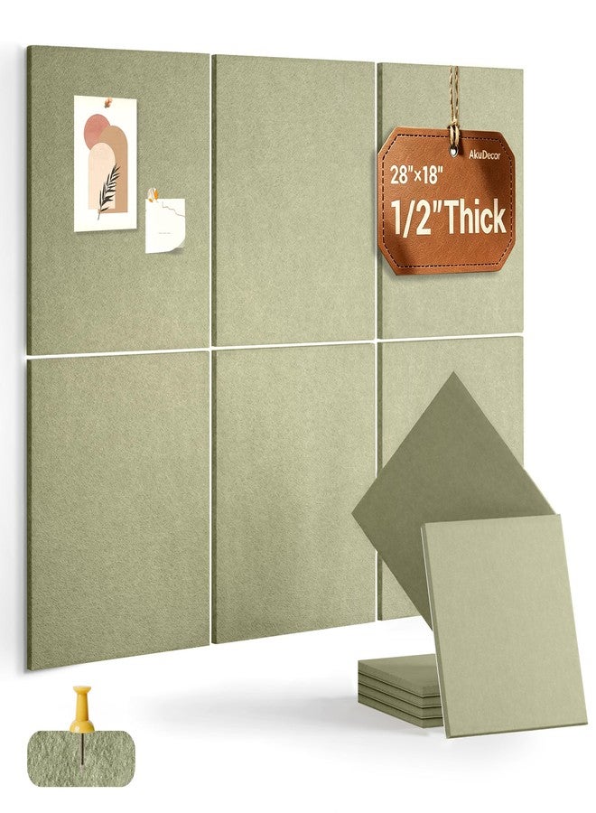 AkuDecor 1/2" Thick Cork Board for Office, 6 Pack Felt Wall Tiles -28"x18" with Safe Adhesive Tabs, Large Bulletin Board, Push Pin Board Organizer Wall - Sage Green - Image 1