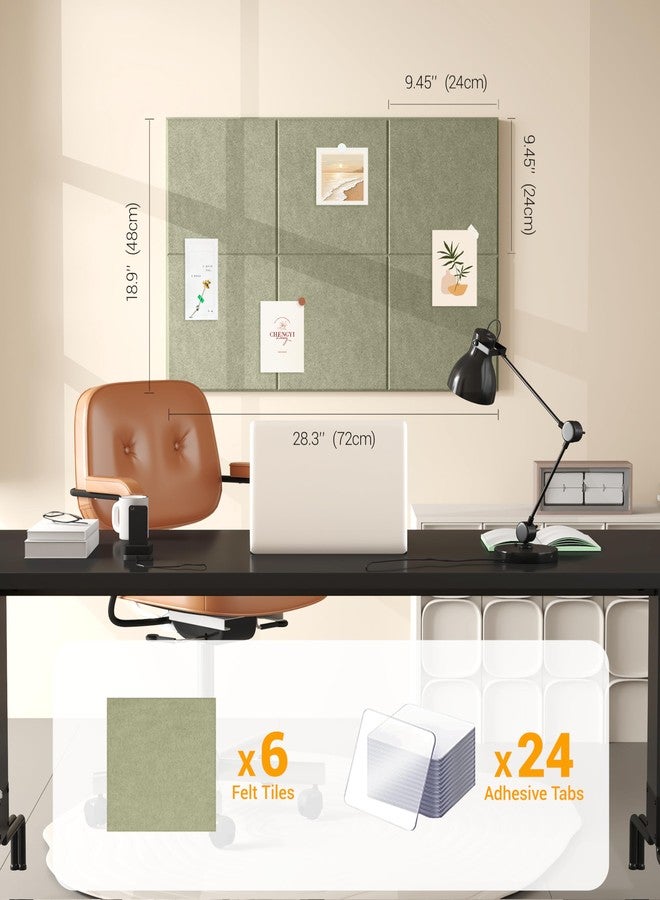 AkuDecor 1/2" Thick Cork Board for Office, 6 Pack Felt Wall Tiles -28"x18" with Safe Adhesive Tabs, Large Bulletin Board, Push Pin Board Organizer Wall - Sage Green - Image 3