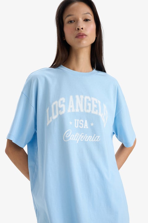 Blue Woman Crew Neck Printed Oversize T-Shirt Casual