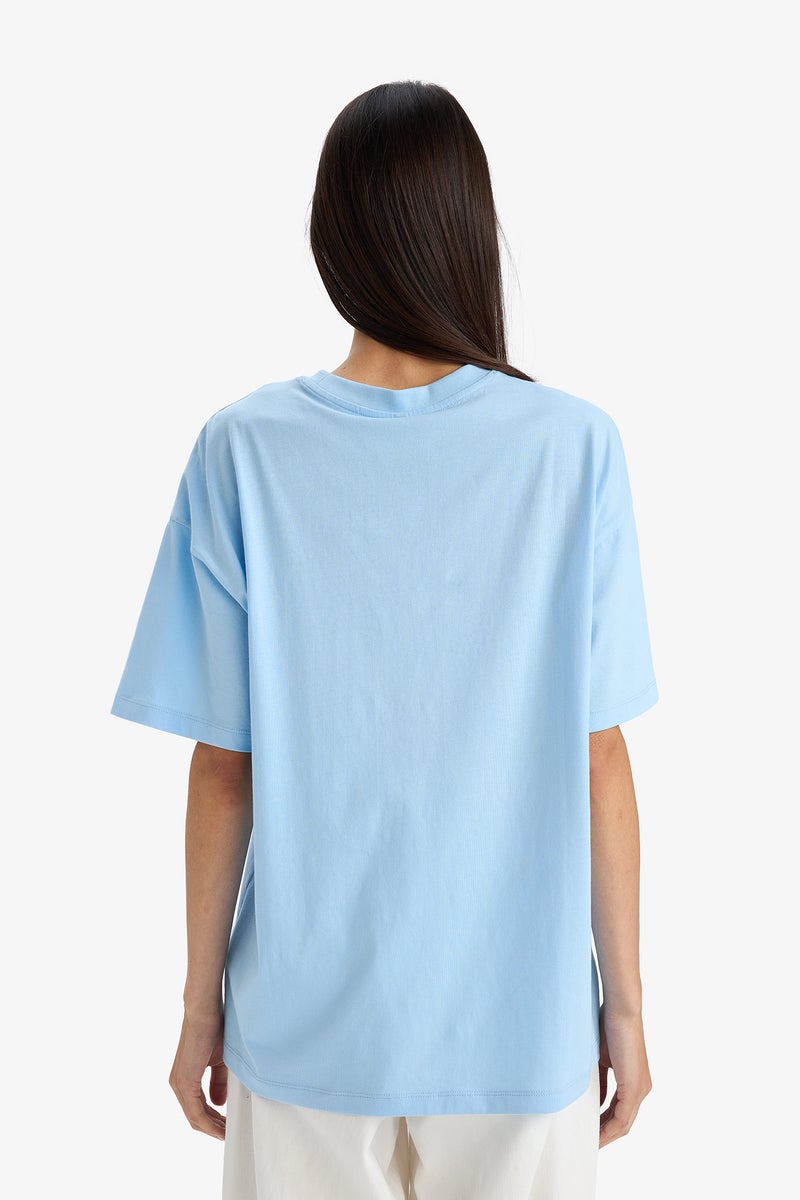 DeFacto Blue Woman Crew Neck Printed Oversize T-Shirt Casual - Image 5