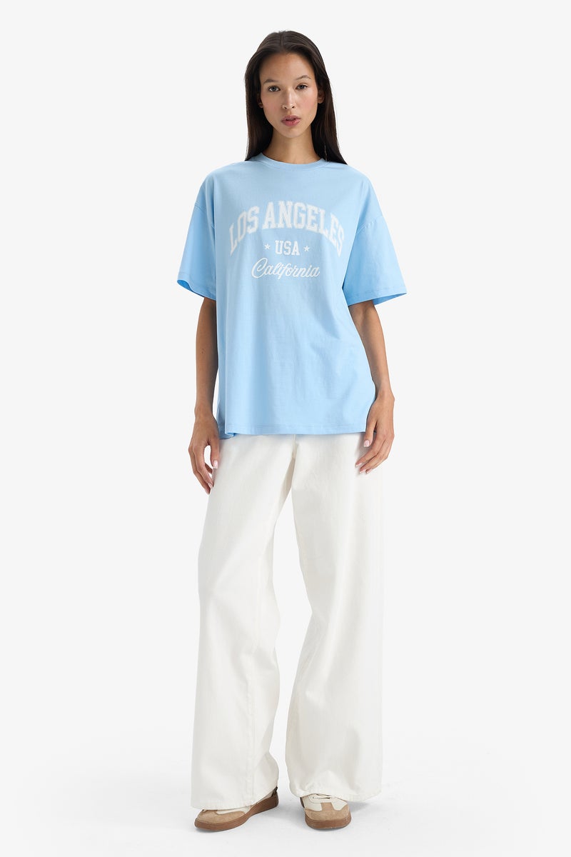 DeFacto Blue Woman Crew Neck Printed Oversize T-Shirt Casual - Image 2