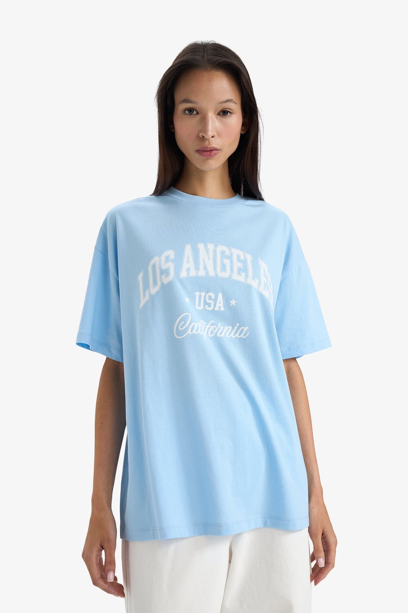 DeFacto Blue Woman Crew Neck Printed Oversize T-Shirt Casual - Image 3