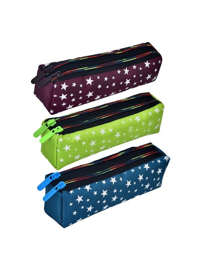 Kuber Industries Kuber Industries Pencil Pouch | Rexine Stationary Pouch | Pencil Utility Pouch | School Pencil Case for Kids | 2 Zipper Pencil Organizer | Star Pencil Pouch | Pack of 3 | Multi  - Image 1