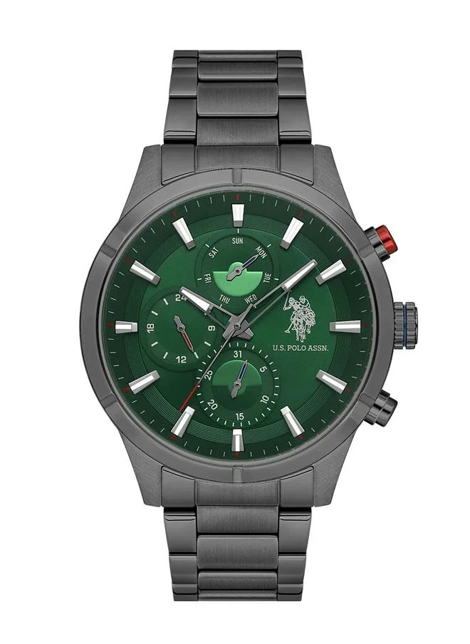 يو اس بولو اسن Men's 46mm Stainless Steel Watch with Polished Green Dial & Brown Leather Strap - USPA1014B-11