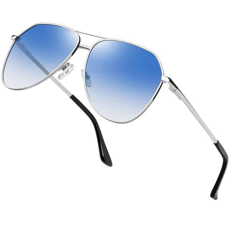 Joopin Oversize Blue Sunglasses for Men Women UV400 Protection, Silver Aviation Gradient Lens Sun Glasses, Military Shades Sunnies - Image 1
