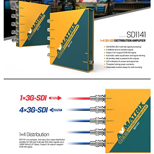 AVMATRIX SD1141 1x4 SDI Distribution Amplifier Splitter with Input Detection Reclocking and Cable Equalization Supports HDSDIHDSDISDI - Image 3