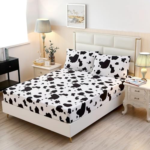 SDY 3PCS Milk Cow Print Stuff Bedding Fitted Sheet Set Twin Size, Cartoon Cow Pattern Fitted Sheet with Deep Pocket and 2 Pillowcases, Cute and Cozy, Kawaii Bed for Kids, Children, Boys, Girls, Teens - Image 1