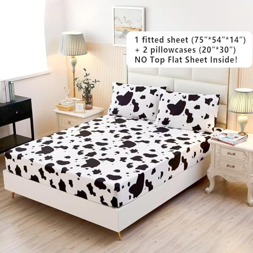 SDY 3PCS Milk Cow Print Stuff Bedding Fitted Sheet Set Twin Size, Cartoon Cow Pattern Fitted Sheet with Deep Pocket and 2 Pillowcases, Cute and Cozy, Kawaii Bed for Kids, Children, Boys, Girls, Teens - Image 3