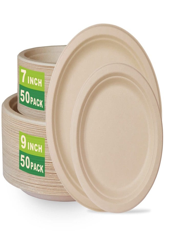 GreenWorks 7 inch and 9 inch Heavy-duty Compostable Plates (each 50 Count), 100 Count Unbleached Disposable Paper Plates - Image 1