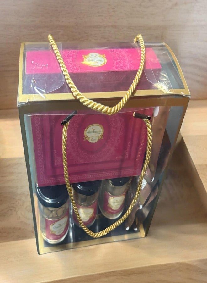Jaiccha Ghasitaram Gifts Holi Sweets/ Holi Gift/ Holi Hampers/ Thandai Transparent Holi Guft Box with Gujiyas, Thandai, Peanuts, Bhakarwadi and MEWA Bites|Gift Hamper|Diwali Gift Hamper|Food Hampers| - Image 1
