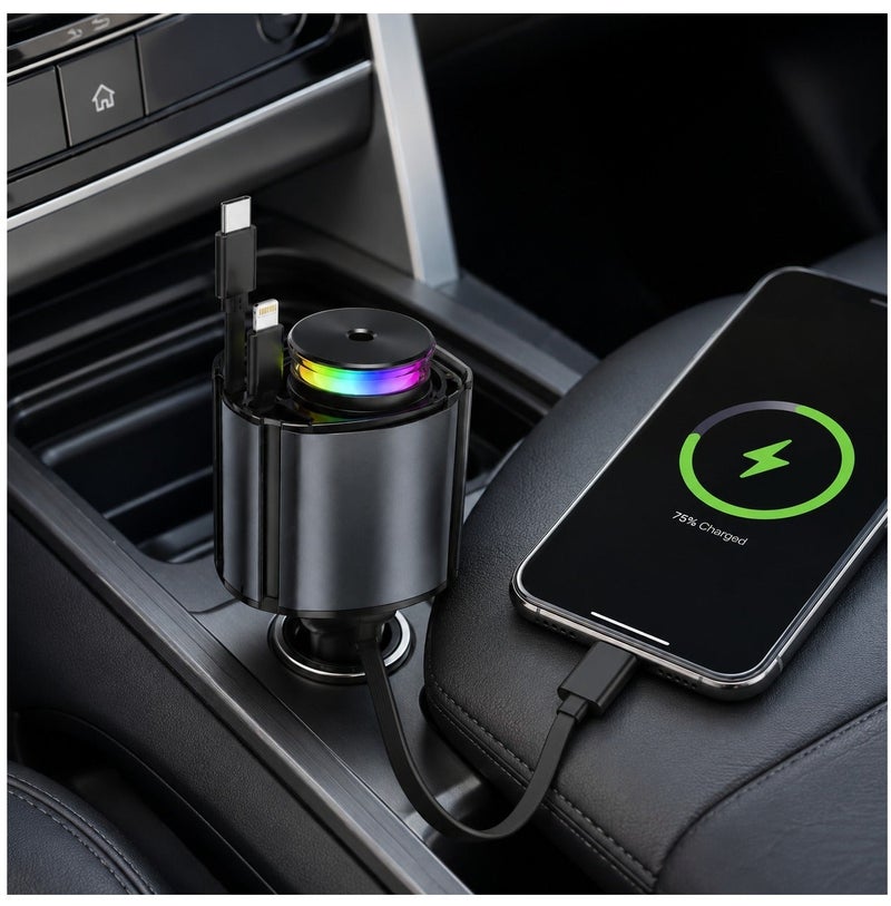 شاحن سيارة أروما ستارلايت 6 في 1 مع فواحة عطرية وكابل قابل للسحب USB-C و iOS، إضاءة RGB، شحن سريع PD 30W، أسود/رمادي - Image 2