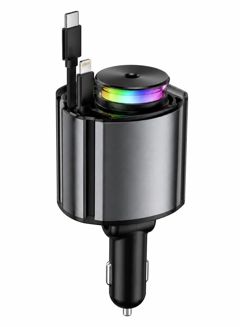 شاحن سيارة أروما ستارلايت 6 في 1 مع فواحة عطرية وكابل قابل للسحب USB-C و iOS، إضاءة RGB، شحن سريع PD 30W، أسود/رمادي - Image 1