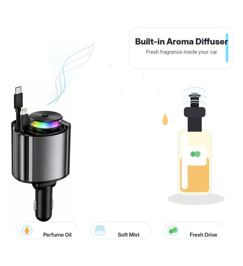 شاحن سيارة أروما ستارلايت 6 في 1 مع فواحة عطرية وكابل قابل للسحب USB-C و iOS، إضاءة RGB، شحن سريع PD 30W، أسود/رمادي - Image 4