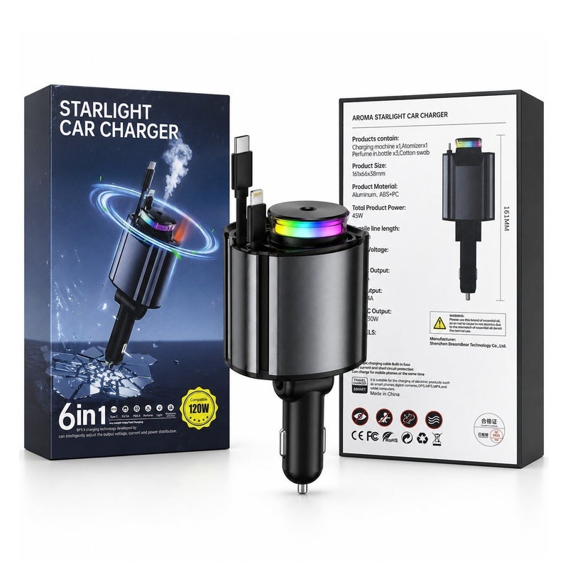 شاحن سيارة أروما ستارلايت 6 في 1 مع فواحة عطرية وكابل قابل للسحب USB-C و iOS، إضاءة RGB، شحن سريع PD 30W، أسود/رمادي - Image 3