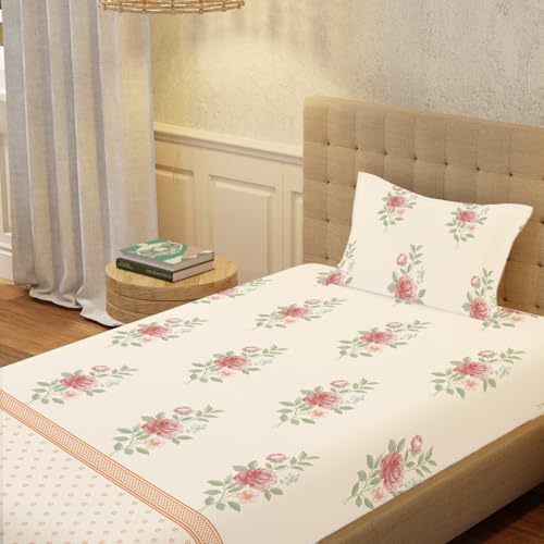 Urban Space Serene 100% Cotton Bedsheet for Single Bed, 200 TC Floral Single Bedsheet with 1 Pillow Cover (58 X 90 Inches, Vintage Rose Buttercream) - Image 1