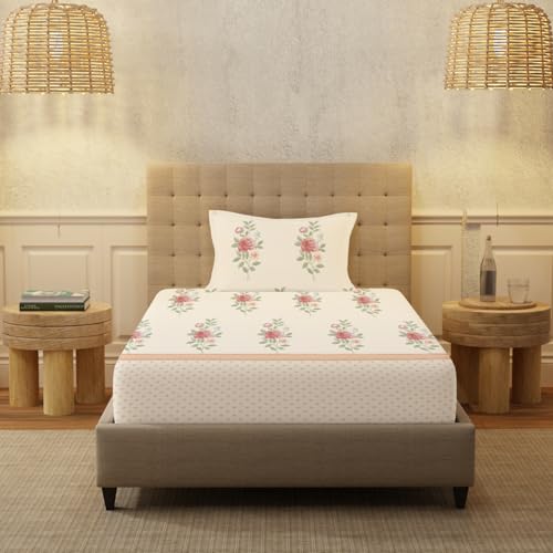 Urban Space Serene 100% Cotton Bedsheet for Single Bed, 200 TC Floral Single Bedsheet with 1 Pillow Cover (58 X 90 Inches, Vintage Rose Buttercream) - Image 2