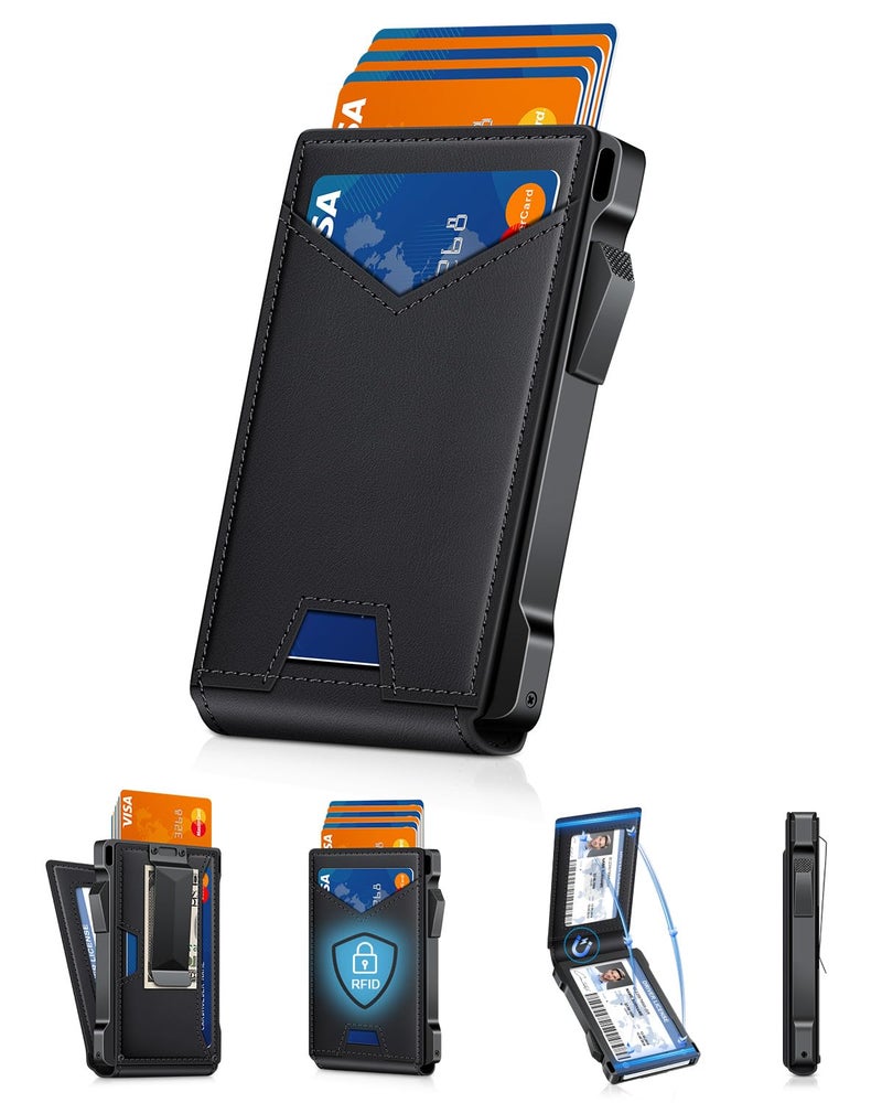 kafellon محفظة للرجال RFID مع نافذتين للهوية ومشبك نقود، حامل بطاقات رفيع قابل للفتح لـ 10-12 بطاقة، محفظة ذكية ثنائية الطي بسيطة للجيب الأمامي، حامل بطاقات ائتمان معدني مدمج، هدايا للرجال - Image 1