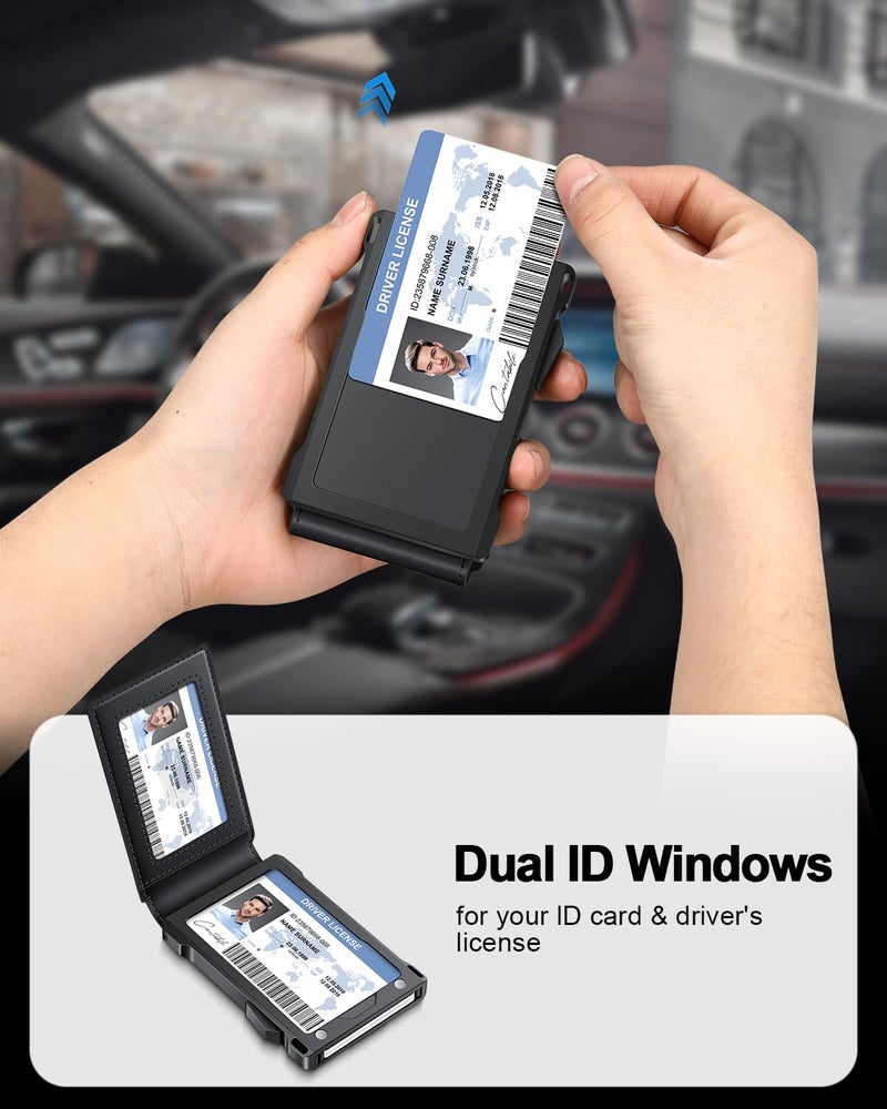 kafellon محفظة للرجال RFID مع نافذتين للهوية ومشبك نقود، حامل بطاقات رفيع قابل للفتح لـ 10-12 بطاقة، محفظة ذكية ثنائية الطي بسيطة للجيب الأمامي، حامل بطاقات ائتمان معدني مدمج، هدايا للرجال - Image 5