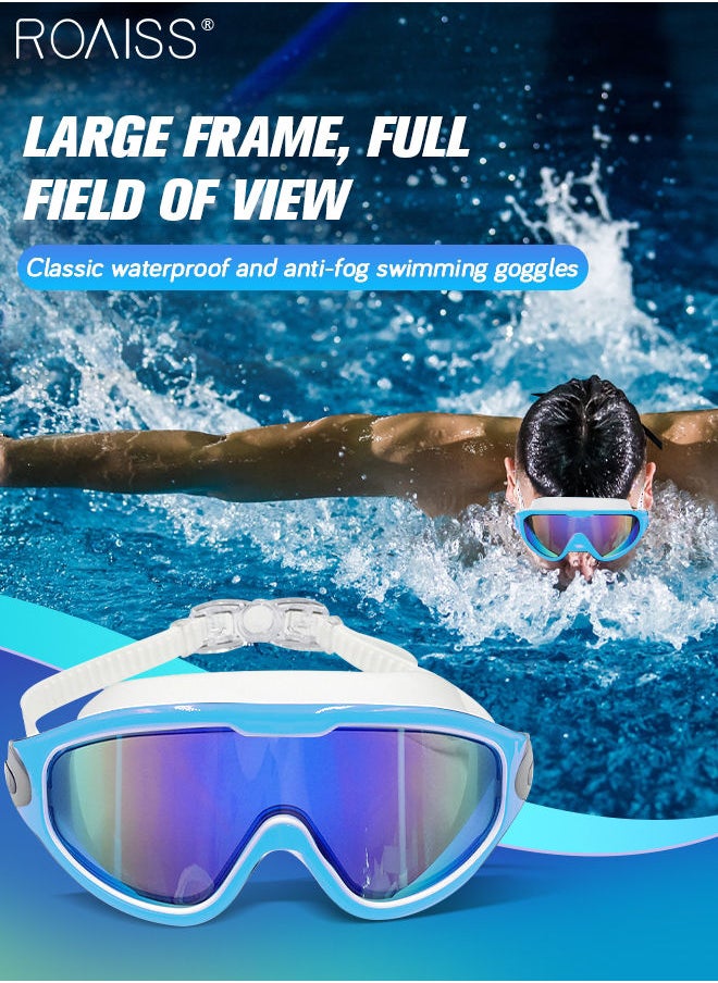 roaiss Adult Waterproof Swimming Goggles, Clear Underwater Vision Anti-Fog UV Protection No Leakage, Large Soft Silicone Frame with Earplugs for Men Women (Lake Blue)  - Image 1