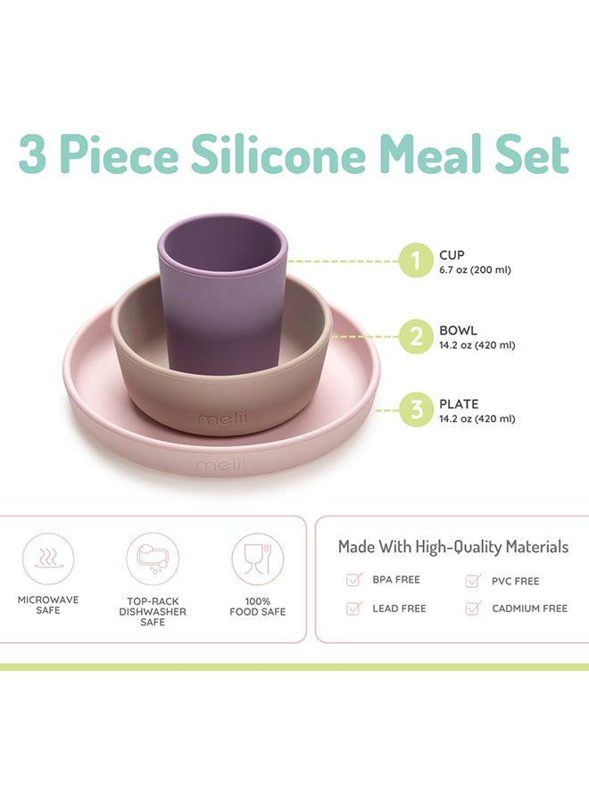 melii طقم تغذية من 3 قطع من السيليكون - طبق، وعاء وكوب، بنفسجي، وردي، رمادي - Image 3