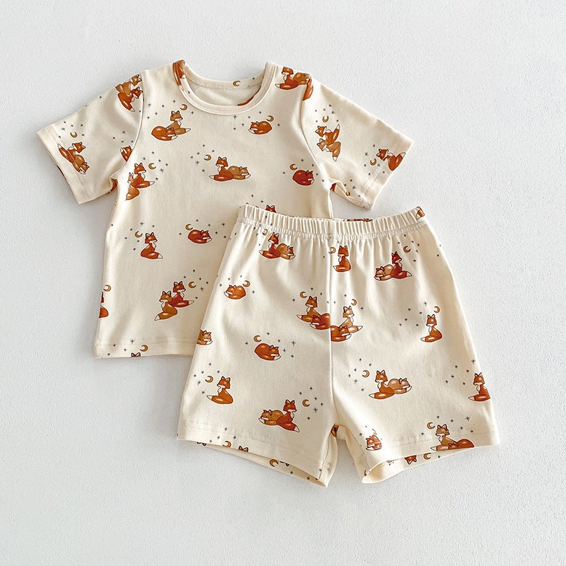 2025 Summer Childrens Pajamas suit Nordic Style Childrens Home Clothes Boys Pajamas Class A Cotton Baby Home Clothes Fox 