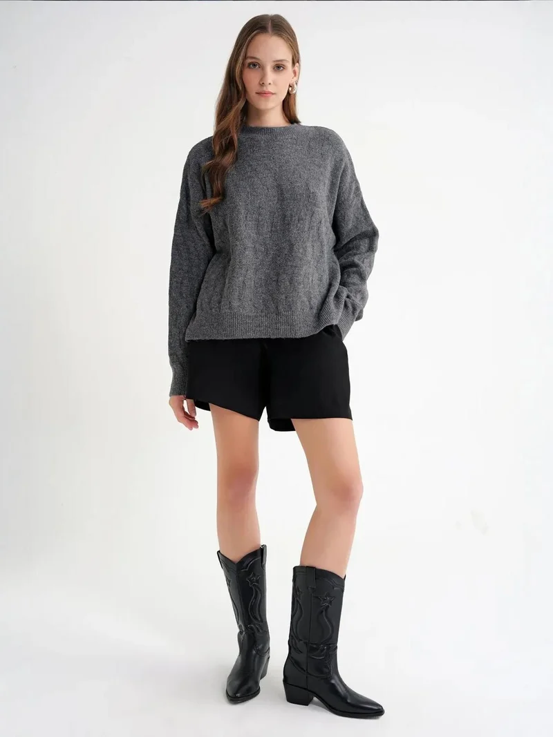 MixRay Mixray Ribbed Knitwear Pullover Sweater with Hair Braid Pattern