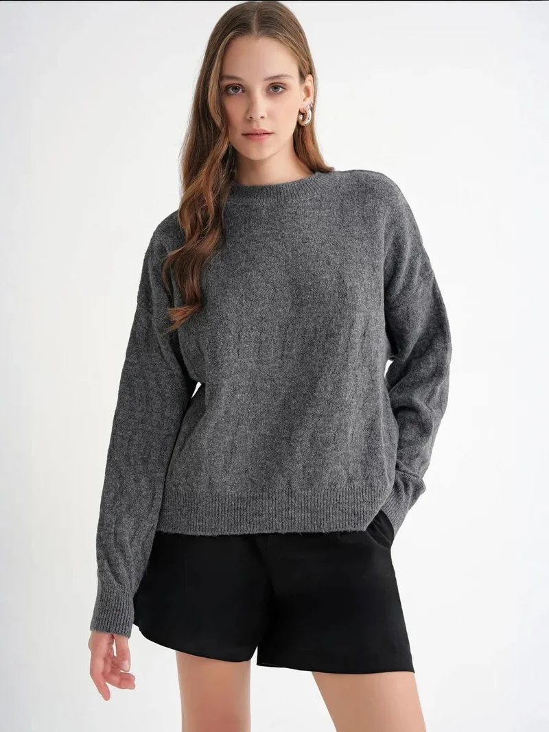 Mixray Ribbed Knitwear Pullover Sweater with Hair Braid Pattern