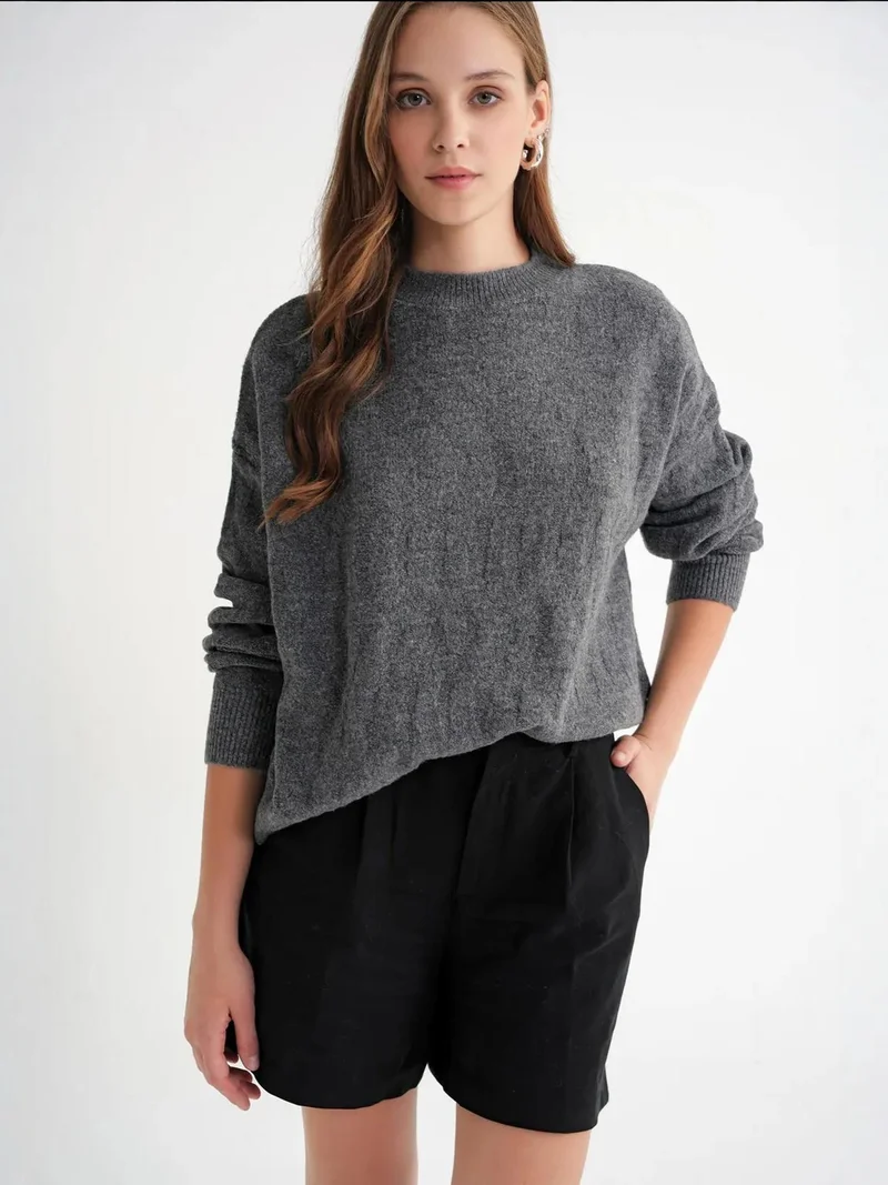 Mixray Dark Grey Mixray Ribbed Knitwear Pullover Sweater with Hair Braid Pattern for Women | Best Price UAE
