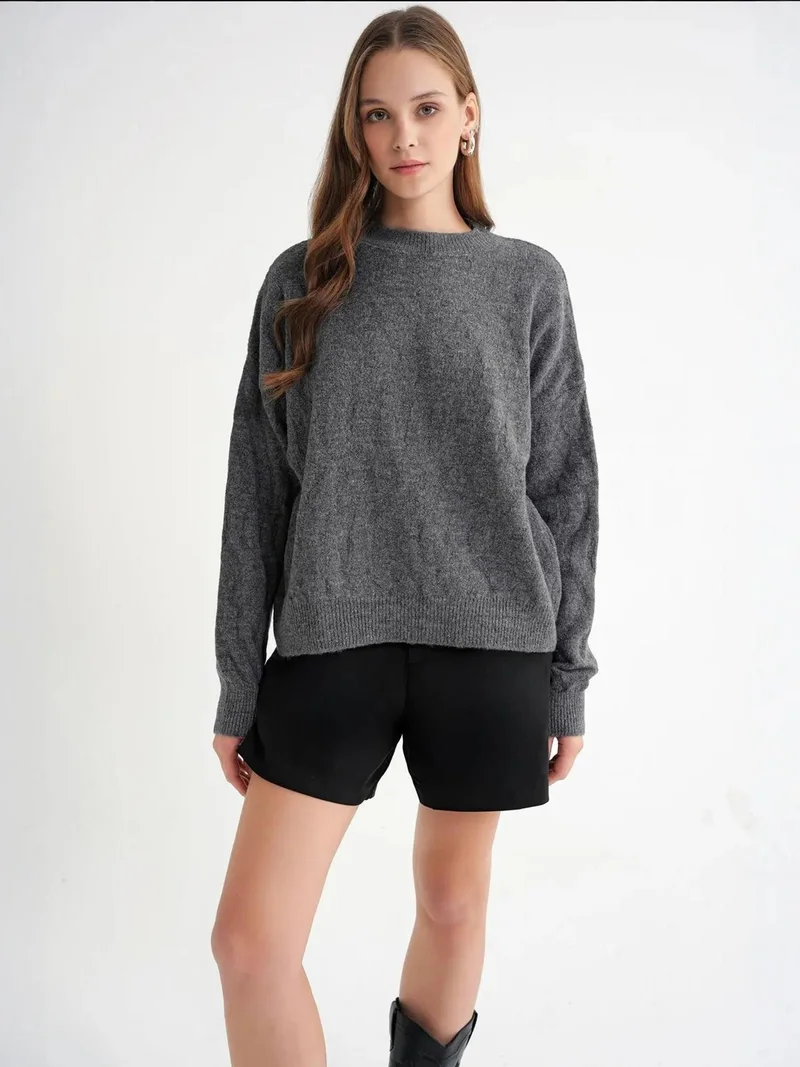 Mixray Dark Grey Mixray Ribbed Knitwear Pullover Sweater with Hair Braid Pattern for Women | Best Price UAE